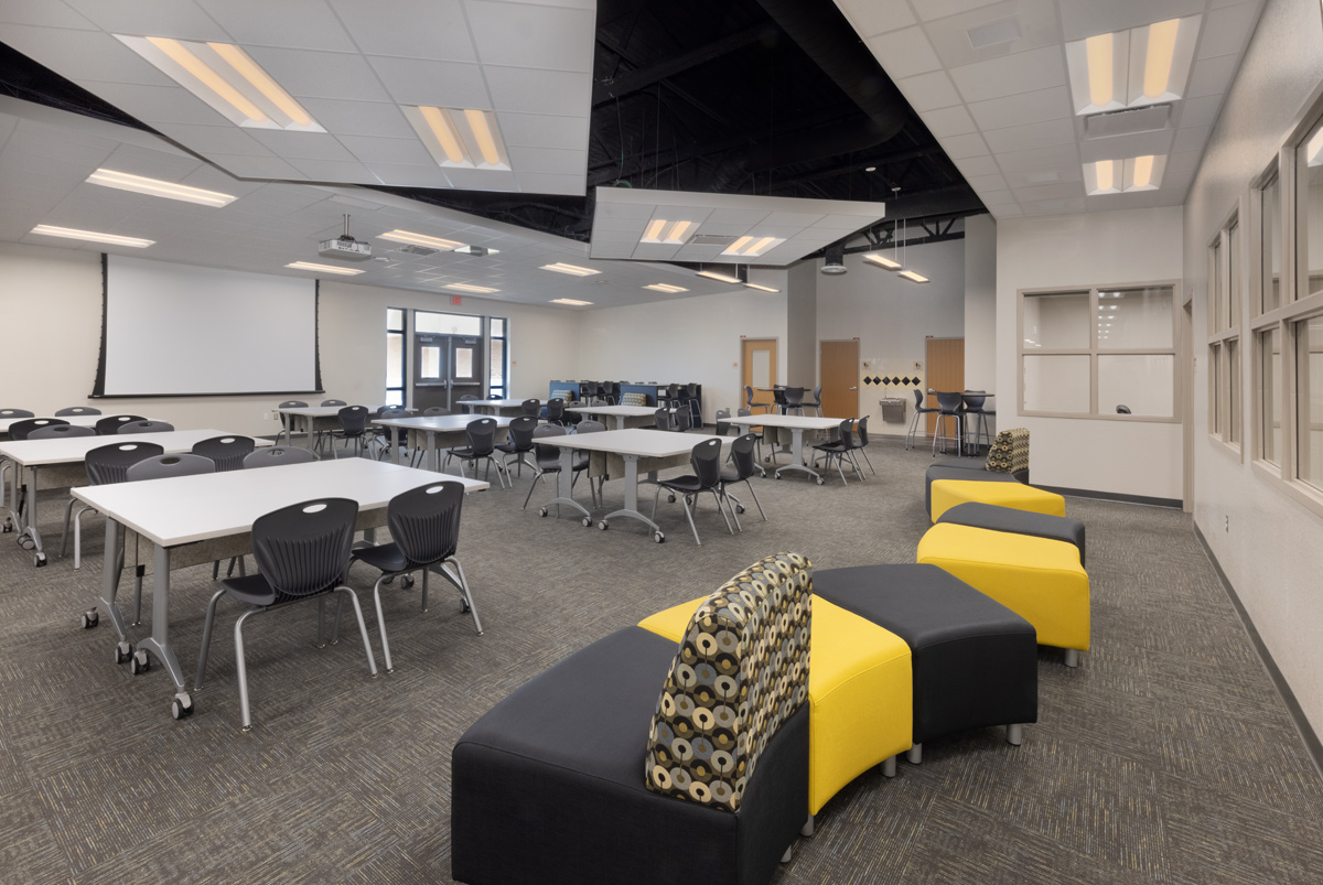 Interior design view of the media center at Gateway High School in Fort Myers, FL.